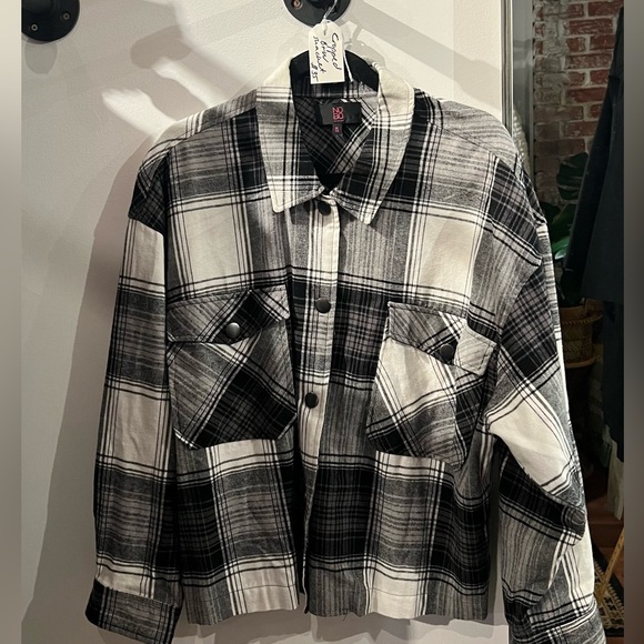Buttery Soft, Plaid Hip Length shacket in black and white plaid check print - Picture 2 of 7
